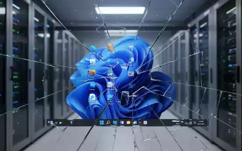 Zersplittertes Glas mit digitaler Überlagerung eines fehlerhaften Windows-11-Desktops, symbolisiert Systeminstabilität und Abstürze. - Foto: über boerse-global.de