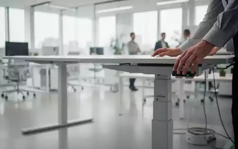 Hände passen einen modernen, höhenverstellbaren Schreibtisch in einem hellen, ergonomischen Büro an. - Foto: über boerse-global.de