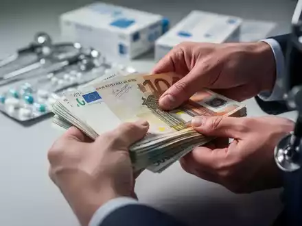 Hände zählen Euro-Banknoten, im Hintergrund verschwommen medizinische Geräte, symbolisiert Gesundheitsreform und Finanzen. - Foto: über boerse-global.de