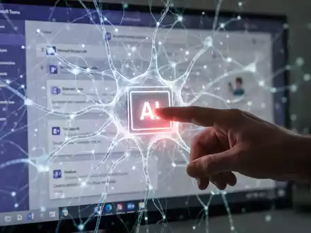 Eine Hand bedient einen digitalen Kippschalter mit der Aufschrift 'KI' auf einem Microsoft Teams-Bildschirm mit leuchtendem neuronalen Netz-Overlay. - Foto: über boerse-global.de