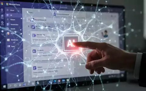 Eine Hand bedient einen digitalen Kippschalter mit der Aufschrift 'KI' auf einem Microsoft Teams-Bildschirm mit leuchtendem neuronalen Netz-Overlay. - Foto: über boerse-global.de