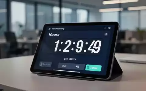 Eine Nahaufnahme einer modernen digitalen Zeiterfassungsuhr oder einer Zeiterfassungs-App auf einem Tablet in einem Büro. - Foto: über boerse-global.de