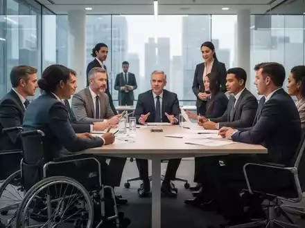 Eine vielfältige Gruppe von Geschäftsleuten in einem modernen Büro, eine Person im Rollstuhl nimmt an einer Besprechung teil. - Foto: über boerse-global.de