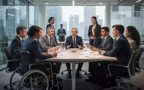 Eine vielfältige Gruppe von Geschäftsleuten in einem modernen Büro, eine Person im Rollstuhl nimmt an einer Besprechung teil. - Foto: über boerse-global.de