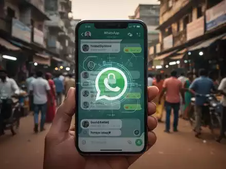 Ein Smartphone-Bildschirm zeigt eine WhatsApp-Konversation mit einem unscharfen Bild einer belebten indischen Straße im Hintergrund. Ein Symbol für Betrug überlagert den Bildschirm. - Foto: über boerse-global.de