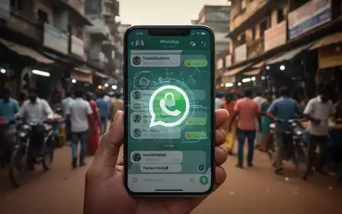 Ein Smartphone-Bildschirm zeigt eine WhatsApp-Konversation mit einem unscharfen Bild einer belebten indischen Straße im Hintergrund. Ein Symbol für Betrug überlagert den Bildschirm. - Foto: über boerse-global.de