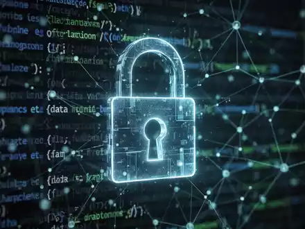 Ein stilisiertes, leuchtendes digitales Vorhängeschloss über verschwommenen Codezeilen und Netzwerkverbindungen, das Datendiebstahl symbolisiert. - Foto: über boerse-global.de