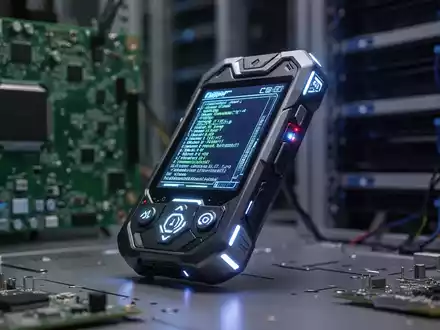 Ein futuristisches Handgerät mit leuchtendem Display, das Code oder Daten anzeigt, in einer technologischen Umgebung. - Foto: über boerse-global.de