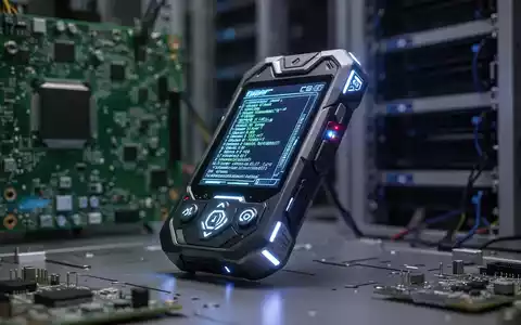 Ein futuristisches Handgerät mit leuchtendem Display, das Code oder Daten anzeigt, in einer technologischen Umgebung. - Foto: über boerse-global.de