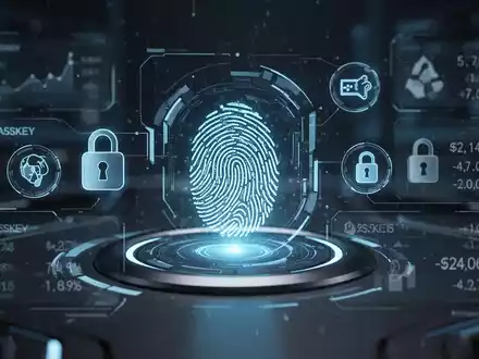 Leuchtender Fingerabdruckscanner mit digitalen Passkey-Symbolen und abstrakten Datenüberlagerungen, die sichere biometrische Authentifizierung im Finanzwesen symbolisieren. - Foto: über boerse-global.de