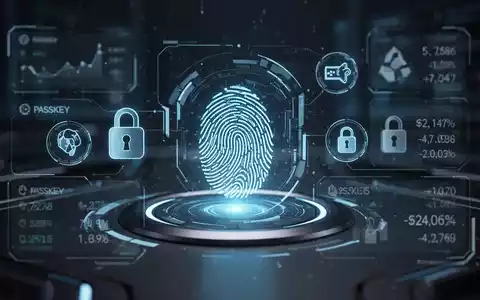 Leuchtender Fingerabdruckscanner mit digitalen Passkey-Symbolen und abstrakten Datenüberlagerungen, die sichere biometrische Authentifizierung im Finanzwesen symbolisieren. - Foto: über boerse-global.de