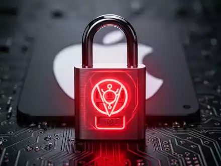 Digitales Vorhängeschloss mit rotem Warnsymbol über einem unscharfen Apple-Logo, das eine Sicherheitslücke symbolisiert. - Foto: über boerse-global.de