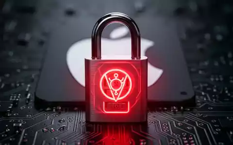 Digitales Vorhängeschloss mit rotem Warnsymbol über einem unscharfen Apple-Logo, das eine Sicherheitslücke symbolisiert. - Foto: über boerse-global.de