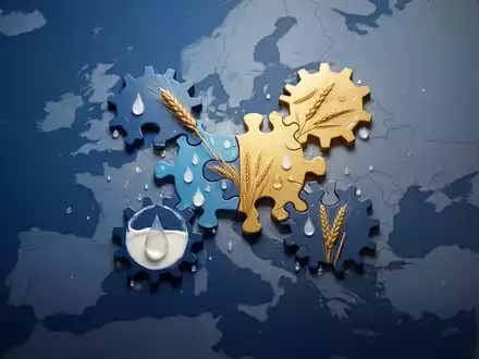 Abstrakte Darstellung der europäischen Integration mit ineinandergreifenden Formen und angedeuteten Agrarmotiven vor einer Europakarte. - Foto: über boerse-global.de
