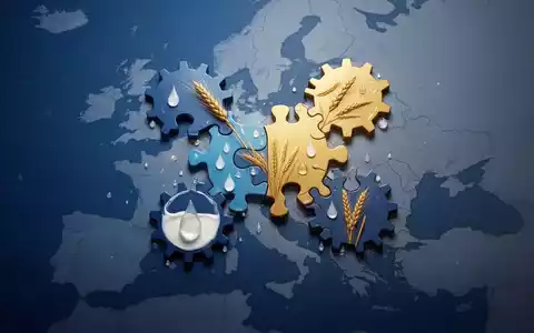 Abstrakte Darstellung der europäischen Integration mit ineinandergreifenden Formen und angedeuteten Agrarmotiven vor einer Europakarte. - Foto: über boerse-global.de