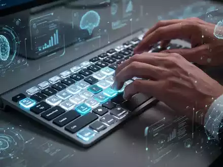 Nahaufnahme von Händen, die auf einer eleganten, modernen Tastatur mit leuchtenden benutzerdefinierten Tastenkombinationen tippen, umgeben von subtilen digitalen Schnittstellen. - Foto: über boerse-global.de