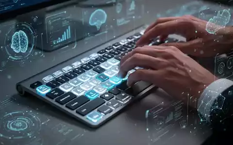 Nahaufnahme von Händen, die auf einer eleganten, modernen Tastatur mit leuchtenden benutzerdefinierten Tastenkombinationen tippen, umgeben von subtilen digitalen Schnittstellen. - Foto: über boerse-global.de