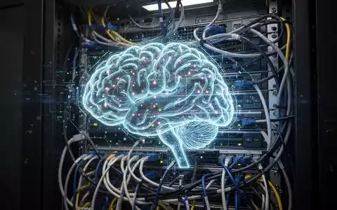 Holografische Gehirnschnittstelle über einem Serverrack, symbolisiert KI-Transformationsherausforderungen und Altlasten der Infrastruktur. - Foto: über boerse-global.de