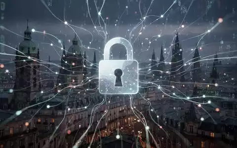 Abstraktes digitales Netzwerk mit leuchtenden Linien und einem Vorhängeschloss-Symbol, das verschlüsselte Kommunikation und Datenscans symbolisiert. - Foto: über boerse-global.de