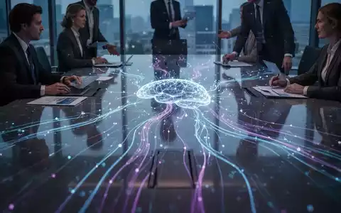 Eine futuristische neuronale Netzwerkschnittstelle leuchtet auf einem Konferenztisch, umgeben von verschwommenen Geschäftsleuten. - Foto: über boerse-global.de