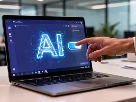 Eine Hand schwebt über einem Kippschalter auf einem Laptop-Bildschirm mit Microsoft Teams-Oberfläche und KI-Symbol. - Foto: über boerse-global.de