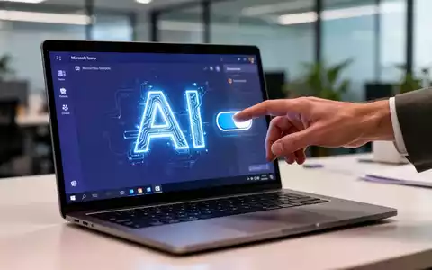 Eine Hand schwebt über einem Kippschalter auf einem Laptop-Bildschirm mit Microsoft Teams-Oberfläche und KI-Symbol. - Foto: über boerse-global.de