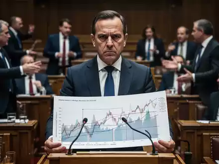 Ein Finanzminister präsentiert in einem Parlament einen komplexen Finanzplan, während im Hintergrund Abgeordnete debattieren. - Foto: über boerse-global.de