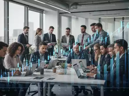 Eine Gruppe vielfältiger Geschäftsleute in einem modernen Büro, die an Laptops arbeiten und zusammenarbeiten, mit einem Gefühl von Karriereentwicklung. - Foto: über boerse-global.de