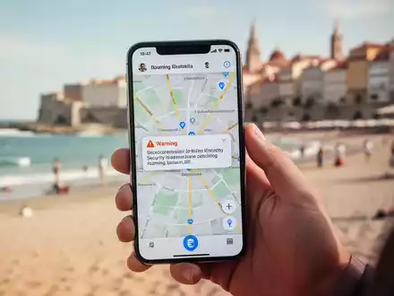 Eine Hand hält ein Smartphone mit einer Karte und einer Sicherheitswarnung. Im unscharfen Hintergrund sind Reiseziele zu sehen. - Foto: über boerse-global.de