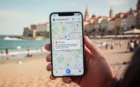 Eine Hand hält ein Smartphone mit einer Karte und einer Sicherheitswarnung. Im unscharfen Hintergrund sind Reiseziele zu sehen. - Foto: über boerse-global.de