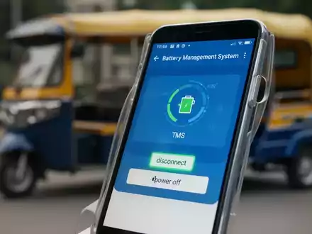 Smartphone-Bildschirm mit einer Batterie-Management-App, unscharfe E-Rikscha im Hintergrund, symbolisiert die Cybersicherheitslücke. - Foto: über boerse-global.de