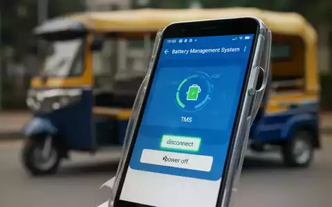 Smartphone-Bildschirm mit einer Batterie-Management-App, unscharfe E-Rikscha im Hintergrund, symbolisiert die Cybersicherheitslücke. - Foto: über boerse-global.de