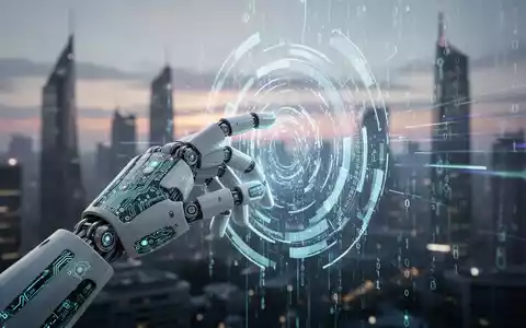 Eine Roboterhand interagiert mit einer digitalen Schnittstelle, die Code und Daten anzeigt, vor einem verschwommenen Stadtbild. - Foto: über boerse-global.de