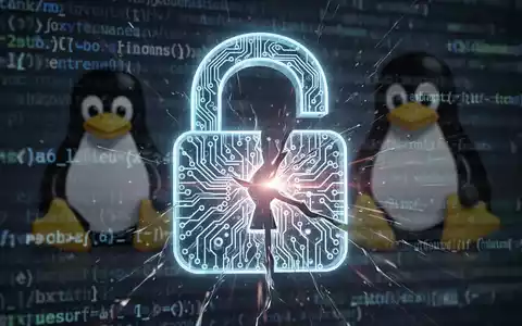 Leuchtendes, zerbrochenes digitales Vorhängeschloss vor verschwommenem Code und Linux-Pinguin-Logo, symbolisiert Sicherheitslücke. - Foto: über boerse-global.de