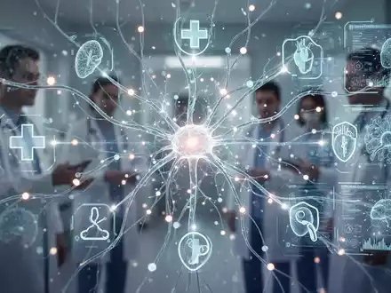 Abstrakte Darstellung der digitalen Gesundheitsversorgung, bei der leuchtende Datenpunkte und neuronale Pfade menschliche Figuren mit medizinischen Symbolen verbinden. - Foto: über boerse-global.de