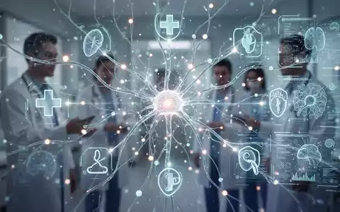 Abstrakte Darstellung der digitalen Gesundheitsversorgung, bei der leuchtende Datenpunkte und neuronale Pfade menschliche Figuren mit medizinischen Symbolen verbinden. - Foto: über boerse-global.de