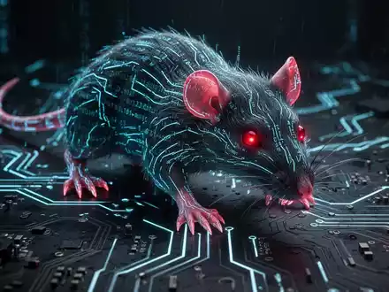 Stilisierte, leuchtende digitale Ratte als Malware-Symbol auf dunkler Leiterplatte mit Neon-Akzenten. - Foto: über boerse-global.de