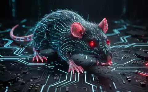 Stilisierte, leuchtende digitale Ratte als Malware-Symbol auf dunkler Leiterplatte mit Neon-Akzenten. - Foto: über boerse-global.de