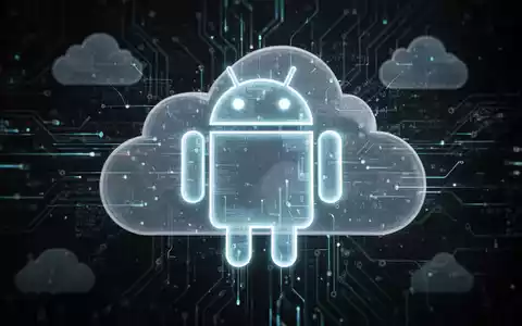 Stilisierte Android-Roboter-Ikone, umgeben von digitalen Datenströmen und Wolkenformen, die Datensicherung und Cloud-Speicher darstellen. - Foto: über boerse-global.de