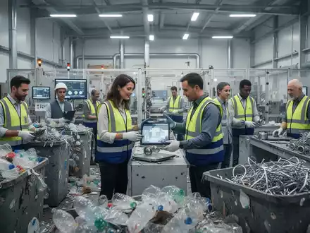 Menschen arbeiten in einer modernen Recyclinganlage und sortieren verschiedene Materialien, um die Kreislaufwirtschaft und neue Arbeitsplätze darzustellen. - Foto: über boerse-global.de