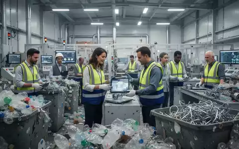 Menschen arbeiten in einer modernen Recyclinganlage und sortieren verschiedene Materialien, um die Kreislaufwirtschaft und neue Arbeitsplätze darzustellen. - Foto: über boerse-global.de