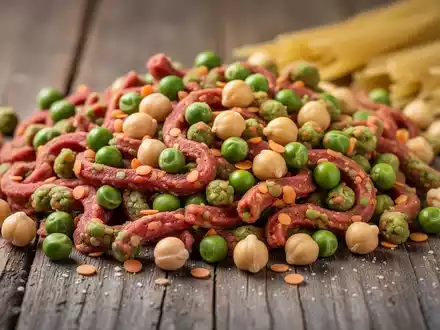 Nahaufnahme von ungekochter Pasta aus roten Linsen, grünen Erbsen und Kichererbsen auf einer Holzoberfläche, die gesunde Ernährung symbolisiert. - Foto: über boerse-global.de