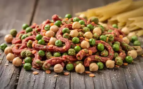 Nahaufnahme von ungekochter Pasta aus roten Linsen, grünen Erbsen und Kichererbsen auf einer Holzoberfläche, die gesunde Ernährung symbolisiert. - Foto: über boerse-global.de