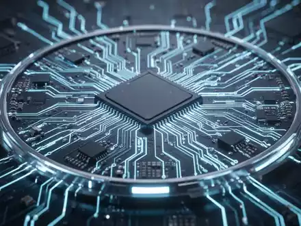 Nahaufnahme eines futuristischen Mikrochip-Wafers mit komplexen, leuchtend blauen und goldenen Schaltkreisen, die fortschrittliche Technologie symbolisieren. - Foto: über boerse-global.de