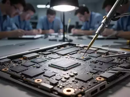 Nahaufnahme eines Laptop-Motherboards mit SSD-Chips und Lötwerkzeugen, die komplexe Hardware-Modifikationen zeigt. - Foto: über boerse-global.de