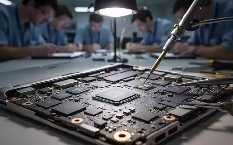 Nahaufnahme eines Laptop-Motherboards mit SSD-Chips und Lötwerkzeugen, die komplexe Hardware-Modifikationen zeigt. - Foto: über boerse-global.de