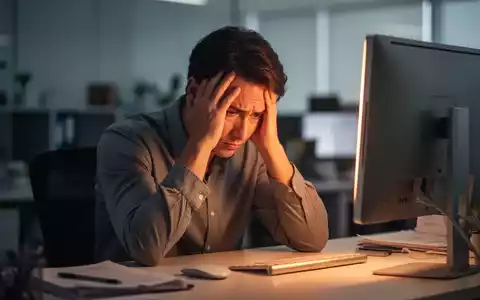 Eine Person sitzt an einem Schreibtisch und hält den Kopf in den Händen, umgeben von einem unscharfen Büroumfeld. - Foto: über boerse-global.de