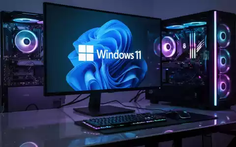 Nahaufnahme eines Gaming-PC-Setups mit leuchtendem Windows-11-Logo auf dem Monitor, das sich auf einem Schreibtisch mit elektrisch blauer und violetter Beleuchtung spiegelt. - Foto: über boerse-global.de