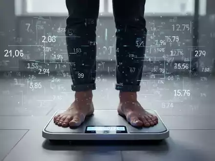 Eine Person steht auf einer digitalen Waage, umgeben von abstrakten Daten, die den individuellen Energiebedarf symbolisieren. - Foto: über boerse-global.de