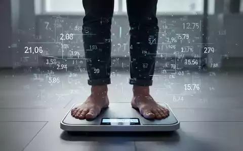 Eine Person steht auf einer digitalen Waage, umgeben von abstrakten Daten, die den individuellen Energiebedarf symbolisieren. - Foto: über boerse-global.de
